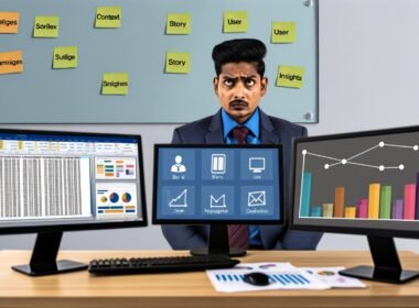 Führungskraft im Büro vor drei Monitoren: links eine unübersichtliche Excel-Tabelle, mittig ein farbiges Balkendiagramm in PowerPoint, rechts ein lebendiges, interaktives Dashboard mit klaren Visualisierungen. Im Vordergrund Notizzettel mit den Worten Kontext, Story, User, Insights.