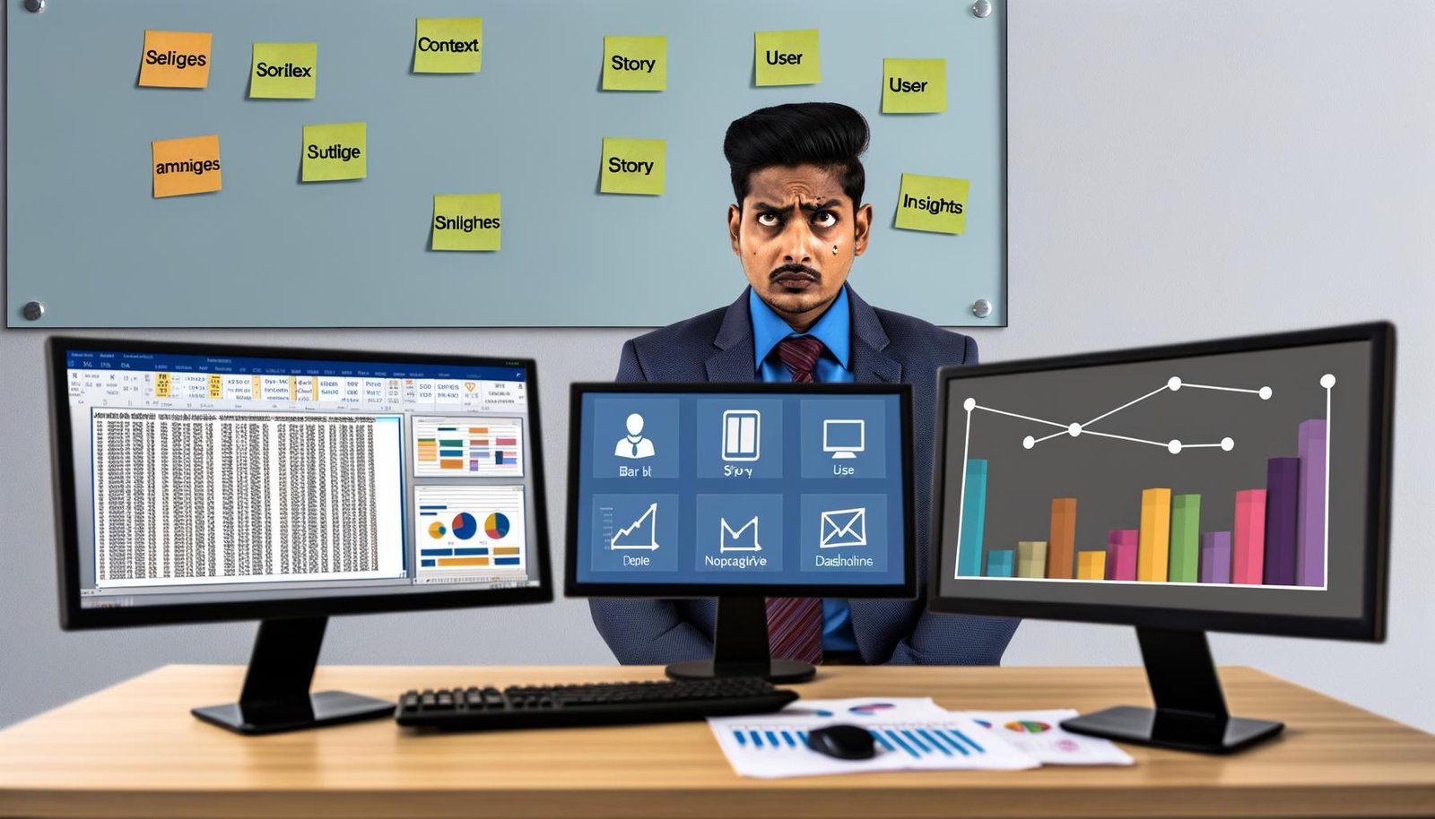 Führungskraft im Büro vor drei Monitoren: links eine unübersichtliche Excel-Tabelle, mittig ein farbiges Balkendiagramm in PowerPoint, rechts ein lebendiges, interaktives Dashboard mit klaren Visualisierungen. Im Vordergrund Notizzettel mit den Worten Kontext, Story, User, Insights.