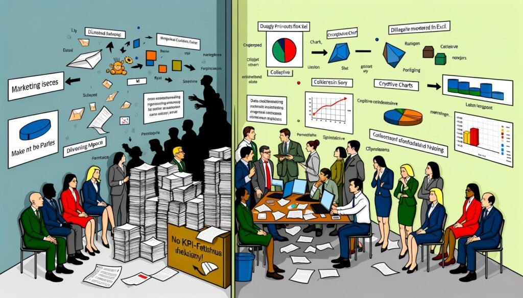 Moderne Illustration eines Büros mit chaotischer Papierseite und strukturierter Seite mit klaren Datenvisualisierungen sowie humorvollem ‚No KPI-Fetischismus!‘-Poster.