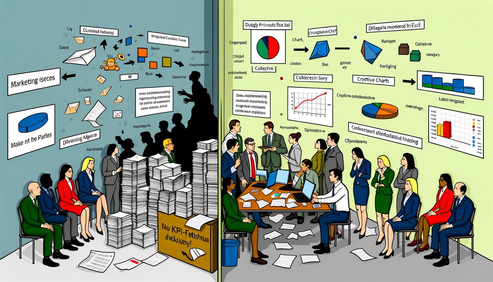 Moderne Illustration eines Büros mit chaotischer Papierseite und strukturierter Seite mit klaren Datenvisualisierungen sowie humorvollem ‚No KPI-Fetischismus!‘-Poster.