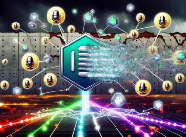 Futuristische Szene mit Deezer-Logo, digitaler Blockchain, NFT-Tokens, Podcast-Icons und zerfallenden klassischen Plattform-Logos im Hintergrund.