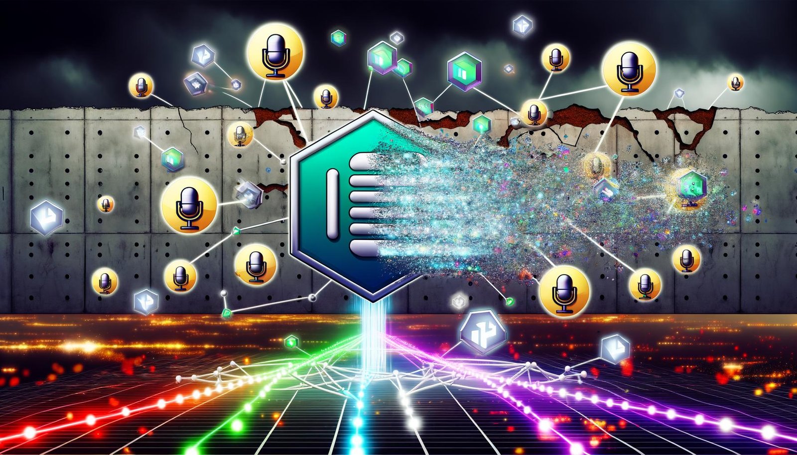 Futuristische Szene mit Deezer-Logo, digitaler Blockchain, NFT-Tokens, Podcast-Icons und zerfallenden klassischen Plattform-Logos im Hintergrund.