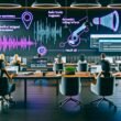 Stylisches, futuristisch beleuchtetes Büro mit Marketern an Laptops und Desktops, die an KI-gesteuerten Audiotranskriptionen, Podcast-Schnitten und SEO-Analysen arbeiten. Digitale Screens und holografische Icons ergänzen die kreative technische Atmosphäre.