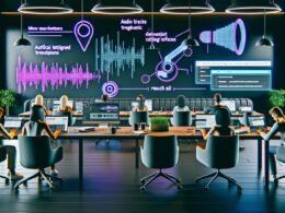 Stylisches, futuristisch beleuchtetes Büro mit Marketern an Laptops und Desktops, die an KI-gesteuerten Audiotranskriptionen, Podcast-Schnitten und SEO-Analysen arbeiten. Digitale Screens und holografische Icons ergänzen die kreative technische Atmosphäre.
