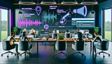 Stylisches, futuristisch beleuchtetes Büro mit Marketern an Laptops und Desktops, die an KI-gesteuerten Audiotranskriptionen, Podcast-Schnitten und SEO-Analysen arbeiten. Digitale Screens und holografische Icons ergänzen die kreative technische Atmosphäre.