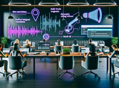 Stylisches, futuristisch beleuchtetes Büro mit Marketern an Laptops und Desktops, die an KI-gesteuerten Audiotranskriptionen, Podcast-Schnitten und SEO-Analysen arbeiten. Digitale Screens und holografische Icons ergänzen die kreative technische Atmosphäre.