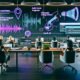 Stylisches, futuristisch beleuchtetes Büro mit Marketern an Laptops und Desktops, die an KI-gesteuerten Audiotranskriptionen, Podcast-Schnitten und SEO-Analysen arbeiten. Digitale Screens und holografische Icons ergänzen die kreative technische Atmosphäre.