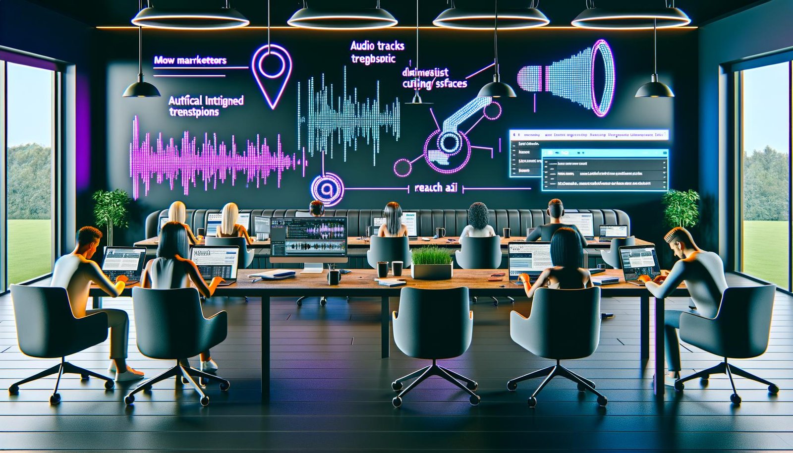 Stylisches, futuristisch beleuchtetes Büro mit Marketern an Laptops und Desktops, die an KI-gesteuerten Audiotranskriptionen, Podcast-Schnitten und SEO-Analysen arbeiten. Digitale Screens und holografische Icons ergänzen die kreative technische Atmosphäre.
