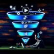 Abstrakte Funnel-Grafik mit drei Ebenen für Audio-Marketing, ausgestattet mit Mikrofon-, Schallwellen-, Play-Button- und Kopfhörer-Symbolen, während im Hintergrund Metadaten und Code durch den Funnel fließen. Im Vordergrund sitzt eine Person mit Kopfhörern an einem Laptop und editiert Audio.