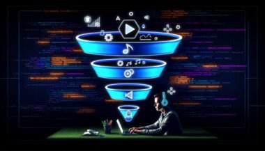 Abstrakte Funnel-Grafik mit drei Ebenen für Audio-Marketing, ausgestattet mit Mikrofon-, Schallwellen-, Play-Button- und Kopfhörer-Symbolen, während im Hintergrund Metadaten und Code durch den Funnel fließen. Im Vordergrund sitzt eine Person mit Kopfhörern an einem Laptop und editiert Audio.