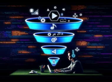 Abstrakte Funnel-Grafik mit drei Ebenen für Audio-Marketing, ausgestattet mit Mikrofon-, Schallwellen-, Play-Button- und Kopfhörer-Symbolen, während im Hintergrund Metadaten und Code durch den Funnel fließen. Im Vordergrund sitzt eine Person mit Kopfhörern an einem Laptop und editiert Audio.