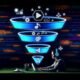 Abstrakte Funnel-Grafik mit drei Ebenen für Audio-Marketing, ausgestattet mit Mikrofon-, Schallwellen-, Play-Button- und Kopfhörer-Symbolen, während im Hintergrund Metadaten und Code durch den Funnel fließen. Im Vordergrund sitzt eine Person mit Kopfhörern an einem Laptop und editiert Audio.