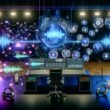 Modernes Tonstudio mit digitalem Schreibtisch, holografischen Audio-Grafiken, schematischen Wellenformen und visualisierter KI im Stil des Audiomarketings 2025.