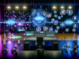 Modernes Tonstudio mit digitalem Schreibtisch, holografischen Audio-Grafiken, schematischen Wellenformen und visualisierter KI im Stil des Audiomarketings 2025.
