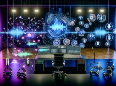 Modernes Tonstudio mit digitalem Schreibtisch, holografischen Audio-Grafiken, schematischen Wellenformen und visualisierter KI im Stil des Audiomarketings 2025.