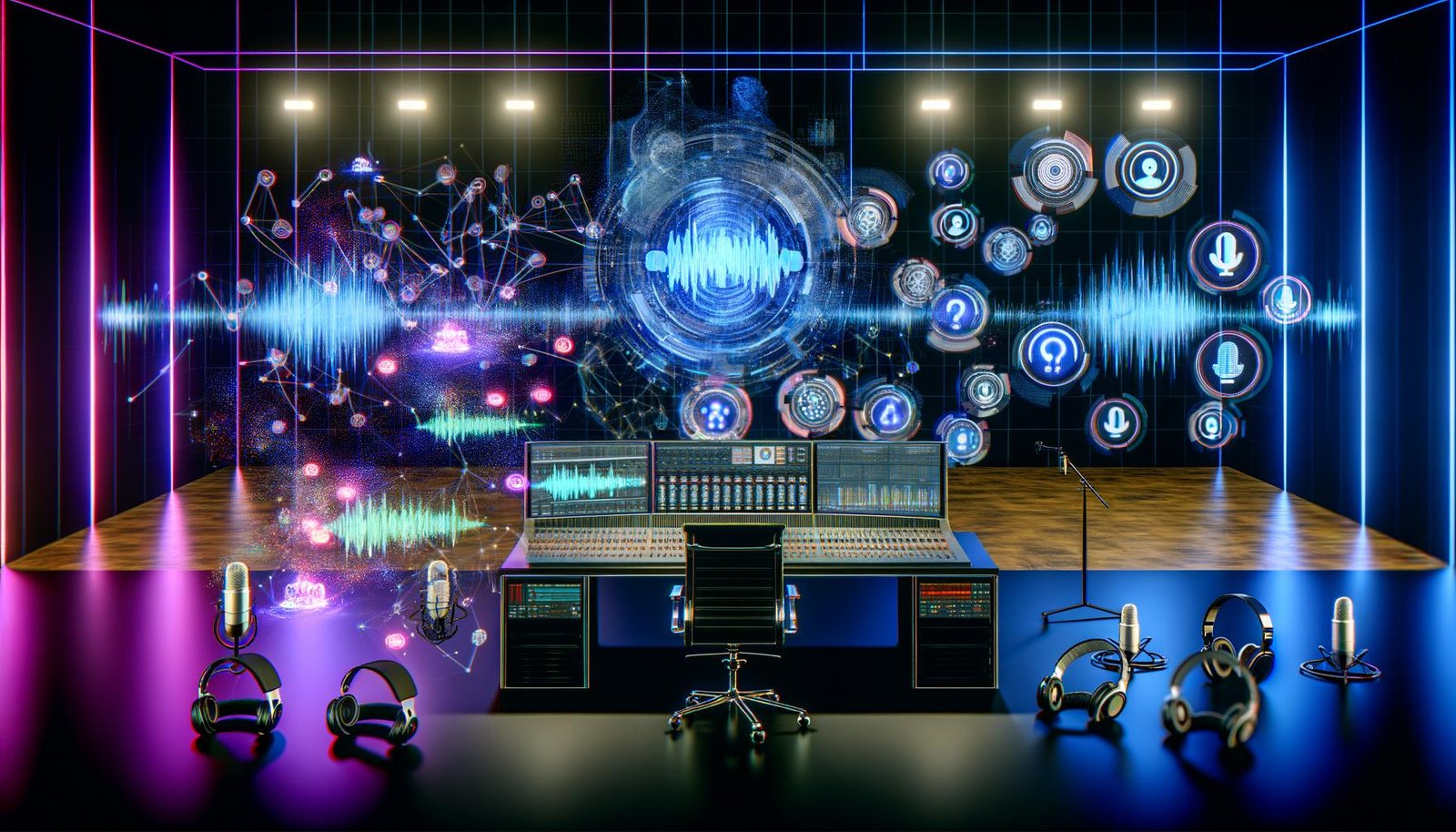 Modernes Tonstudio mit digitalem Schreibtisch, holografischen Audio-Grafiken, schematischen Wellenformen und visualisierter KI im Stil des Audiomarketings 2025.
