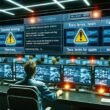 Person beobachtet Monitore in Kontrollraum, Social-Media-Beiträge und Warnsymbole für toxische Inhalte werden angezeigt, im Hintergrund weitere Arbeitsplätze