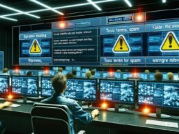 Person beobachtet Monitore in Kontrollraum, Social-Media-Beiträge und Warnsymbole für toxische Inhalte werden angezeigt, im Hintergrund weitere Arbeitsplätze