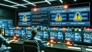Person beobachtet Monitore in Kontrollraum, Social-Media-Beiträge und Warnsymbole für toxische Inhalte werden angezeigt, im Hintergrund weitere Arbeitsplätze