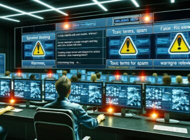 Person beobachtet Monitore in Kontrollraum, Social-Media-Beiträge und Warnsymbole für toxische Inhalte werden angezeigt, im Hintergrund weitere Arbeitsplätze