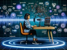 Moderner Podcasting-Workflow 2025 mit jungem Podcaster am Hightech-Setup, Descript-Interface, Audiowellen, Transkripten in mehreren Sprachen und Social-Media-Icons, umgeben von digitalen Datenströmen und Automation.