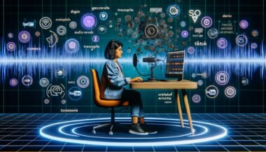 Moderner Podcasting-Workflow 2025 mit jungem Podcaster am Hightech-Setup, Descript-Interface, Audiowellen, Transkripten in mehreren Sprachen und Social-Media-Icons, umgeben von digitalen Datenströmen und Automation.