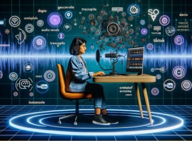 Moderner Podcasting-Workflow 2025 mit jungem Podcaster am Hightech-Setup, Descript-Interface, Audiowellen, Transkripten in mehreren Sprachen und Social-Media-Icons, umgeben von digitalen Datenströmen und Automation.
