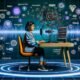 Moderner Podcasting-Workflow 2025 mit jungem Podcaster am Hightech-Setup, Descript-Interface, Audiowellen, Transkripten in mehreren Sprachen und Social-Media-Icons, umgeben von digitalen Datenströmen und Automation.
