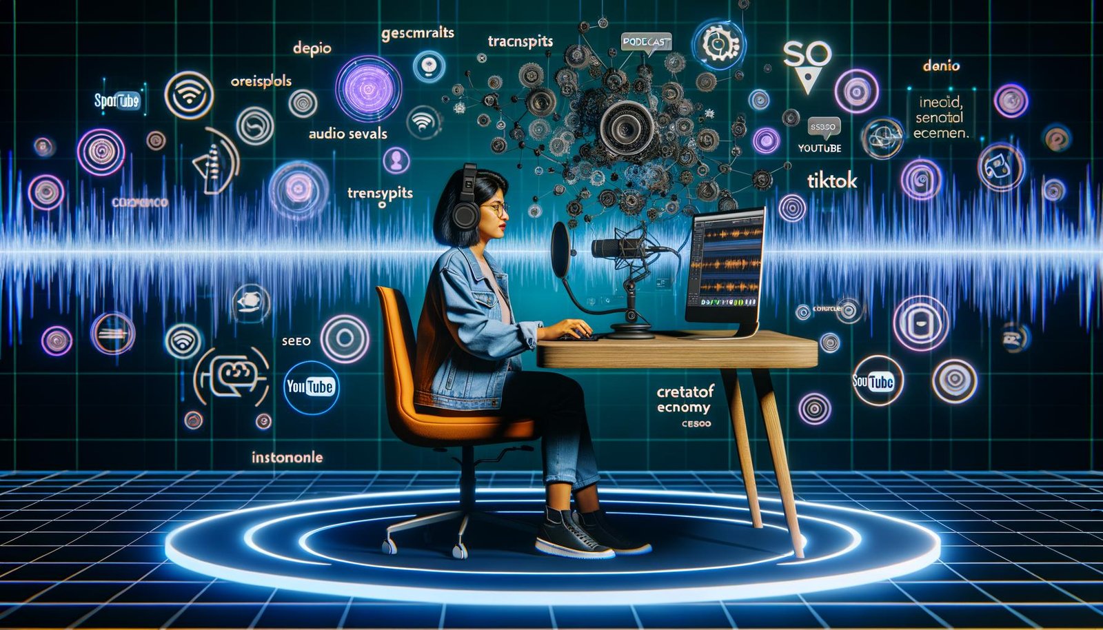 Moderner Podcasting-Workflow 2025 mit jungem Podcaster am Hightech-Setup, Descript-Interface, Audiowellen, Transkripten in mehreren Sprachen und Social-Media-Icons, umgeben von digitalen Datenströmen und Automation.