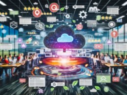 Modernes Büro mit zentraler User Generated Content Plattform, entspannten Tech-Teams, Community Managern und schwebenden Visuals aus Social Media, Foren, Bewertungen, Cloud-Servern und SEO-Symbolen