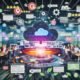 Modernes Büro mit zentraler User Generated Content Plattform, entspannten Tech-Teams, Community Managern und schwebenden Visuals aus Social Media, Foren, Bewertungen, Cloud-Servern und SEO-Symbolen