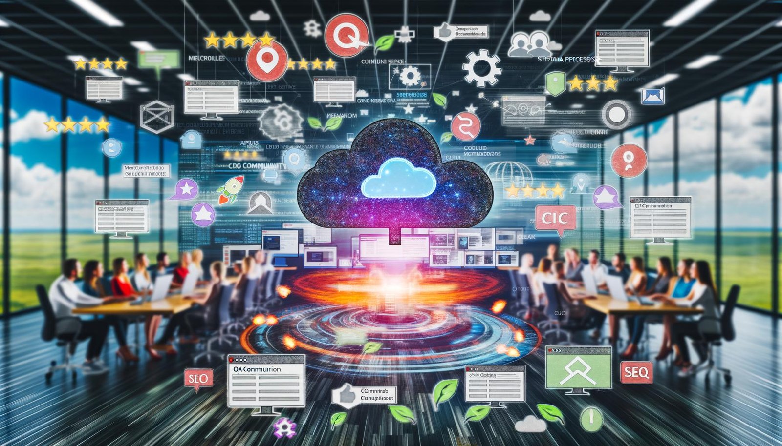 Modernes Büro mit zentraler User Generated Content Plattform, entspannten Tech-Teams, Community Managern und schwebenden Visuals aus Social Media, Foren, Bewertungen, Cloud-Servern und SEO-Symbolen