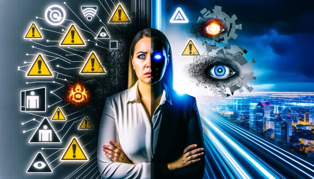 Mensch im Business-Look vor futuristischer Großstadtkulisse, umgeben von düsteren digitalen Schatten auf der einen und leuchtenden Innovationssymbolen auf der anderen Seite.