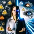 Mensch im Business-Look vor futuristischer Großstadtkulisse, umgeben von düsteren digitalen Schatten auf der einen und leuchtenden Innovationssymbolen auf der anderen Seite.