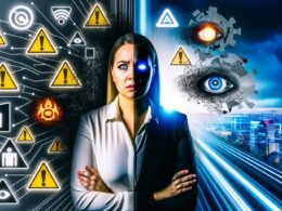 Mensch im Business-Look vor futuristischer Großstadtkulisse, umgeben von düsteren digitalen Schatten auf der einen und leuchtenden Innovationssymbolen auf der anderen Seite.