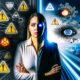 Mensch im Business-Look vor futuristischer Großstadtkulisse, umgeben von düsteren digitalen Schatten auf der einen und leuchtenden Innovationssymbolen auf der anderen Seite.