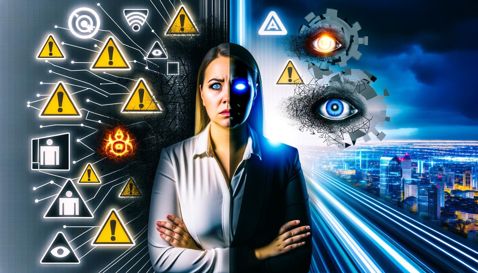 Mensch im Business-Look vor futuristischer Großstadtkulisse, umgeben von düsteren digitalen Schatten auf der einen und leuchtenden Innovationssymbolen auf der anderen Seite.