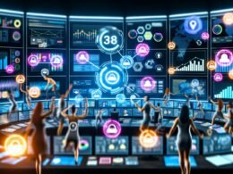 Futuristischer Marketing-Kontrollraum mit Dashboards, bunten Grafiken, Social Media-Inhalten und Marketer-Team mit AR-Brillen, betont Datenanalyse und Innovation.
