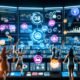 Futuristischer Marketing-Kontrollraum mit Dashboards, bunten Grafiken, Social Media-Inhalten und Marketer-Team mit AR-Brillen, betont Datenanalyse und Innovation.