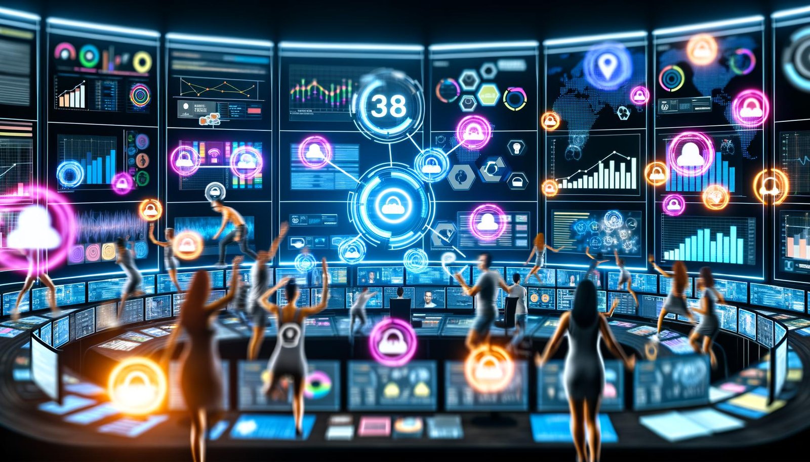Futuristischer Marketing-Kontrollraum mit Dashboards, bunten Grafiken, Social Media-Inhalten und Marketer-Team mit AR-Brillen, betont Datenanalyse und Innovation.
