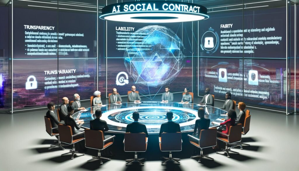 Diverse Personen aus Wirtschaft, Technik und Politik diskutieren an einem runden Glastisch unter einem projizierten KI-Gesellschaftsvertrag mit den Schlagworten Transparenz, Haftung, Fairness und Ethik. Im Hintergrund sind KI-Code, juristische Paragraphen und eine urbane Skyline zu sehen.