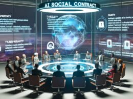 Diverse Personen aus Wirtschaft, Technik und Politik diskutieren an einem runden Glastisch unter einem projizierten KI-Gesellschaftsvertrag mit den Schlagworten Transparenz, Haftung, Fairness und Ethik. Im Hintergrund sind KI-Code, juristische Paragraphen und eine urbane Skyline zu sehen.