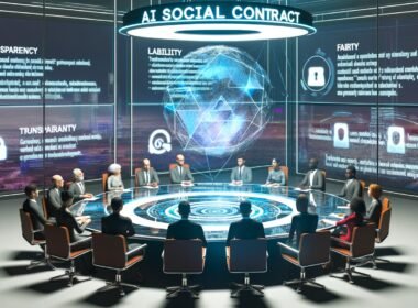 Diverse Personen aus Wirtschaft, Technik und Politik diskutieren an einem runden Glastisch unter einem projizierten KI-Gesellschaftsvertrag mit den Schlagworten Transparenz, Haftung, Fairness und Ethik. Im Hintergrund sind KI-Code, juristische Paragraphen und eine urbane Skyline zu sehen.
