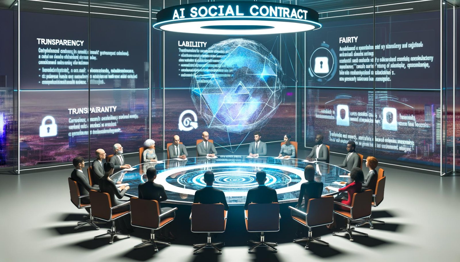 Diverse Personen aus Wirtschaft, Technik und Politik diskutieren an einem runden Glastisch unter einem projizierten KI-Gesellschaftsvertrag mit den Schlagworten Transparenz, Haftung, Fairness und Ethik. Im Hintergrund sind KI-Code, juristische Paragraphen und eine urbane Skyline zu sehen.