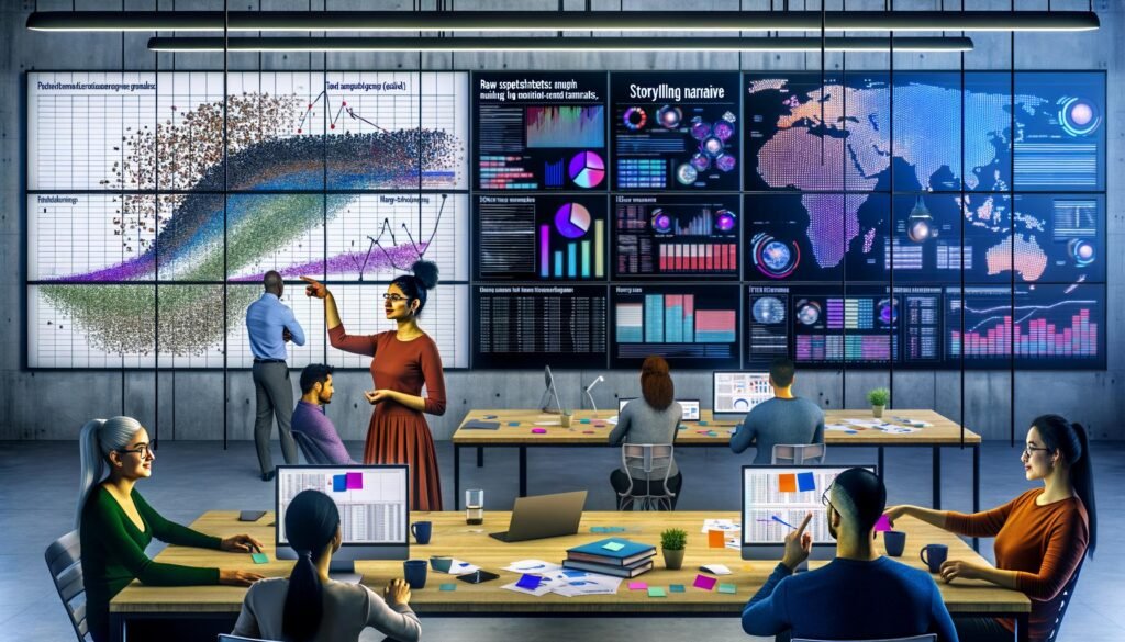 Dynamische Datenprofis arbeiten zusammen an digitalen Bildschirmen, verwandeln rohe Tabellen in visuelle Storytelling-Charts mit klaren Farben, Icons und Verbindungslinien in einem modernen Workspace mit Laptops, Kaffee und Sticky Notes.