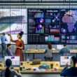 Dynamische Datenprofis arbeiten zusammen an digitalen Bildschirmen, verwandeln rohe Tabellen in visuelle Storytelling-Charts mit klaren Farben, Icons und Verbindungslinien in einem modernen Workspace mit Laptops, Kaffee und Sticky Notes.