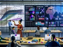 Dynamische Datenprofis arbeiten zusammen an digitalen Bildschirmen, verwandeln rohe Tabellen in visuelle Storytelling-Charts mit klaren Farben, Icons und Verbindungslinien in einem modernen Workspace mit Laptops, Kaffee und Sticky Notes.
