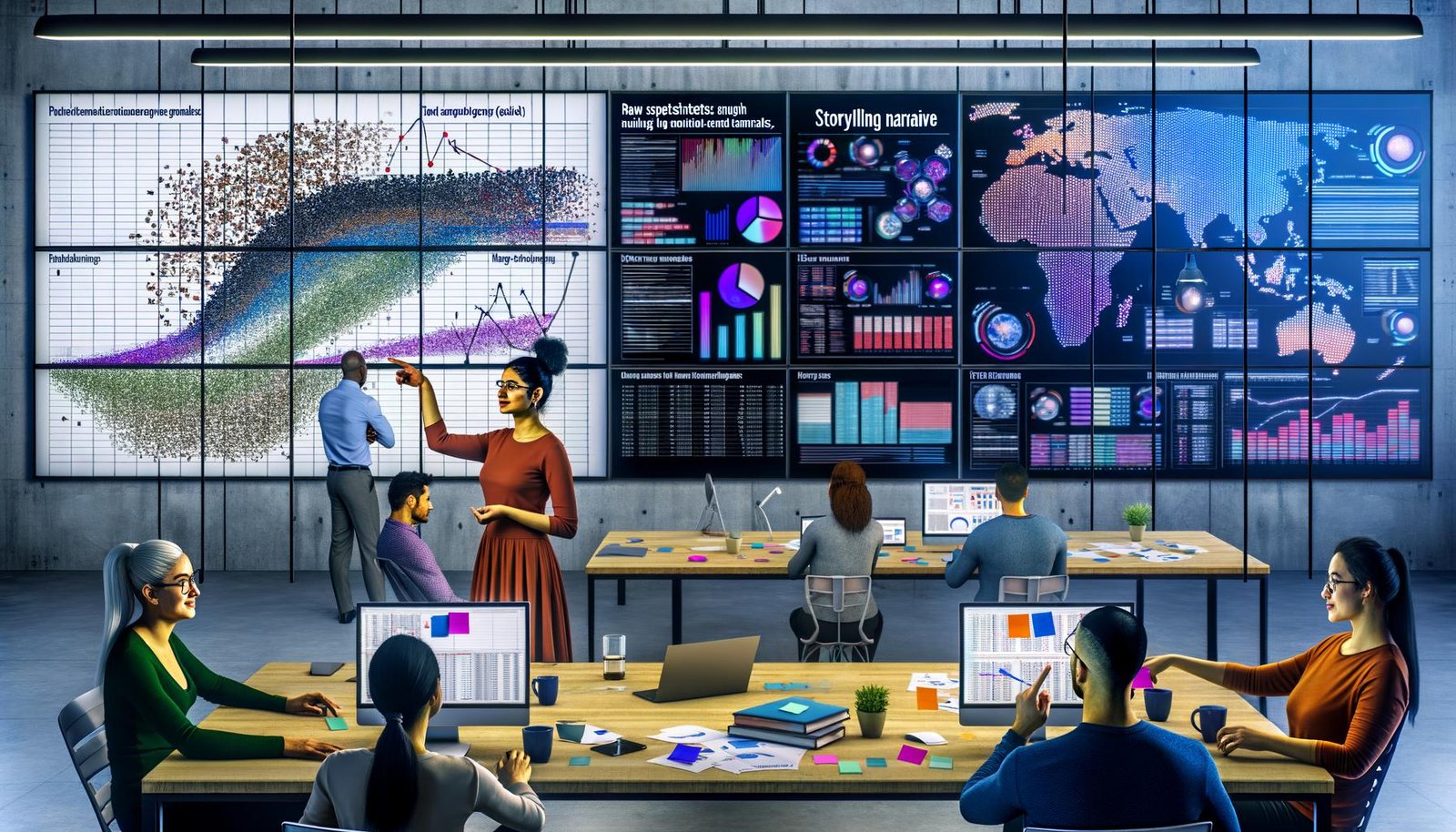 Dynamische Datenprofis arbeiten zusammen an digitalen Bildschirmen, verwandeln rohe Tabellen in visuelle Storytelling-Charts mit klaren Farben, Icons und Verbindungslinien in einem modernen Workspace mit Laptops, Kaffee und Sticky Notes.