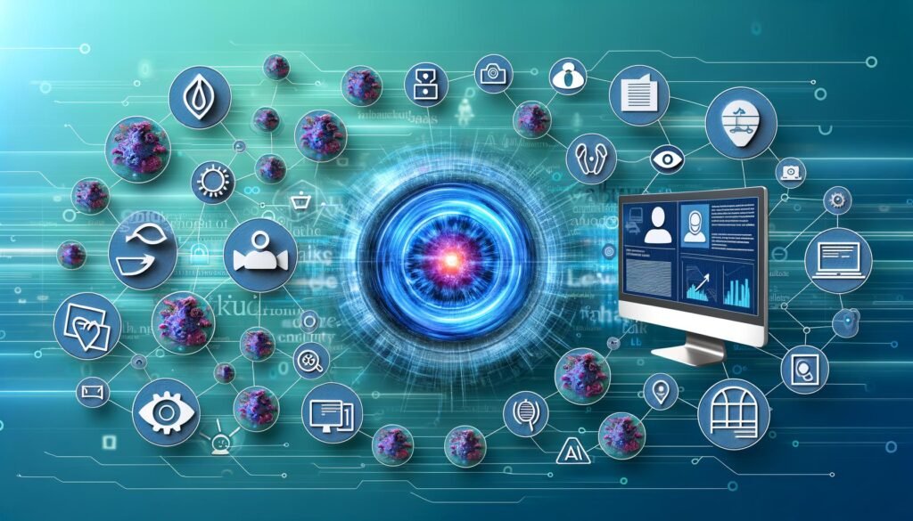 Moderne Illustration eines digitalen Ökosystems mit Dashboard, Content-Streams, API-Verbindungen, Sicherheits- und KI-Symbolen sowie Nutzerbeteiligung.
