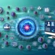 Moderne Illustration eines digitalen Ökosystems mit Dashboard, Content-Streams, API-Verbindungen, Sicherheits- und KI-Symbolen sowie Nutzerbeteiligung.
